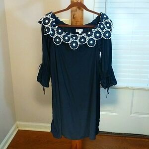 Loft Boho Dark Blue Off The Shoulder Crochet Neckline Knee Length Dress Size M